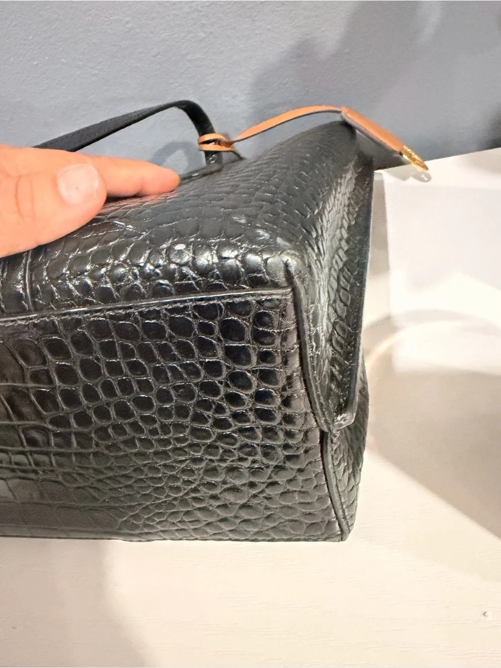 Tory Burch Black Croc-Embossed Leather Tote with Tan Tag and Gold Logo